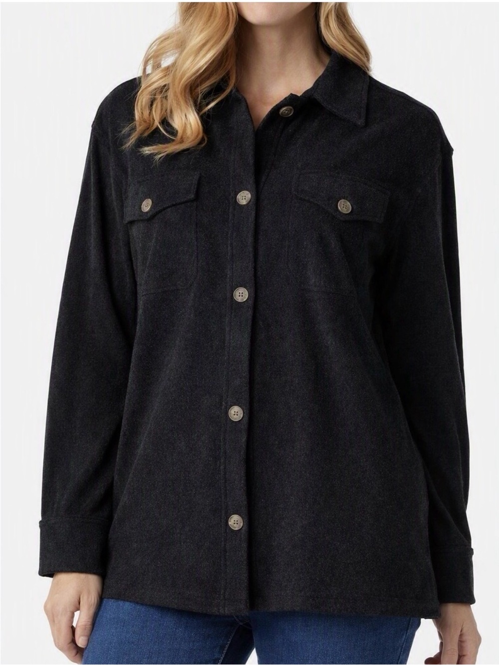 32 Degrees Heat Black Button Front Long Sleeve Shirt Jacket Shacket Womens M NWT